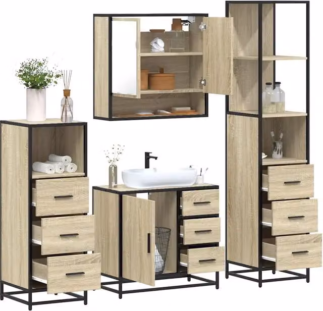 Set di mobili da bagno industrial vidaXL in legno e metallo marrone composto da armadietto specchio, mobile lavabo, mobile laterale e colonna alta