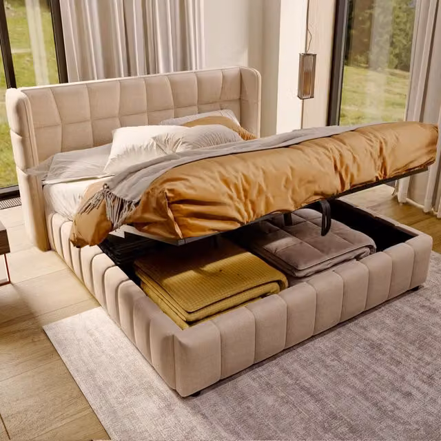 Letto matrimoniale imbottito 180 × 200 cm con contenitore rete a doghe struttura in metallo rivestimento in lino beige