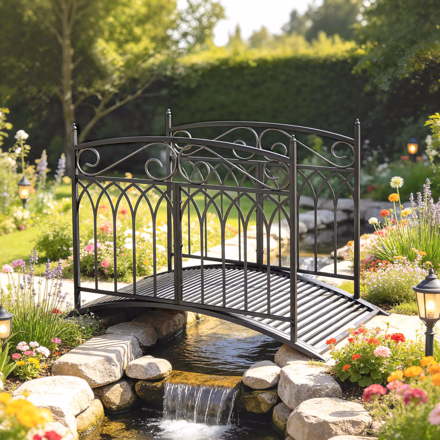 Ponte da giardino in metallo Outsunny con parapetti di sicurezza, look antico, colore nero, Lunghezza: 135,5 cm – 2