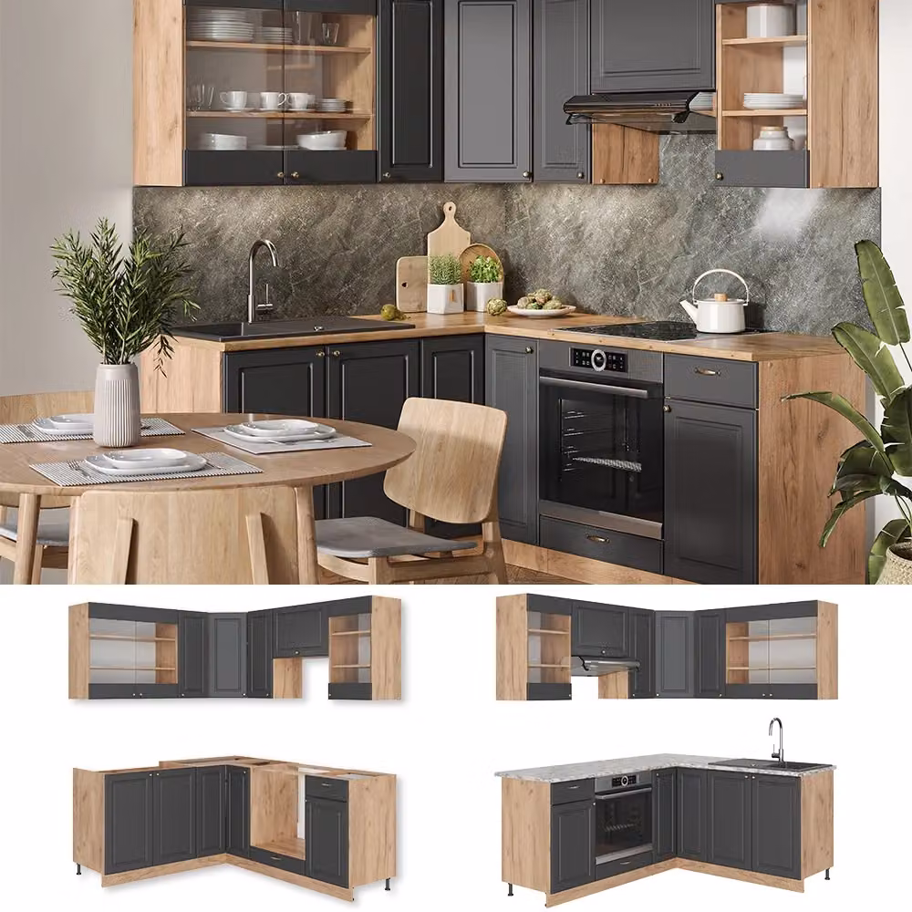Cucina angolare completa Fame-Line Vicco Oro e Antracite con Rovere Dorato L: 190 cm, P: 160 cm – 2