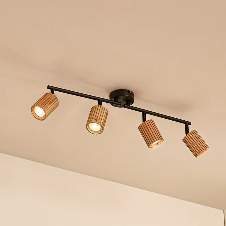 Faretto da soffitto Lindby Stralino, a 4 luci, lunghezza 60 cm, legno Stralino Lindby, dimmerabile, Legno chiaro, Corridoio, Legno, Moderno, Faretto
