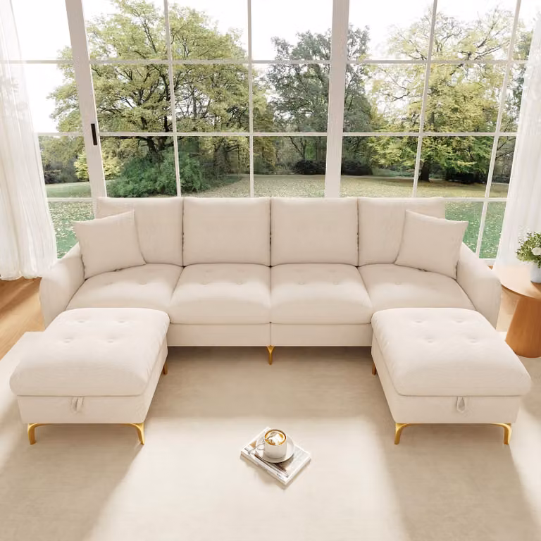 Divano letto modulare a forma di U, beige, dimensioni 263x137x85 cm, rivestito in chenille, con 2 poggiapiedi contenitori, cuscini seduta rimovibili e 2 cuscini decorativi per il soggiorno