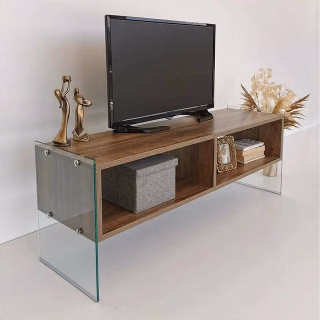 Mobile porta TV Winifred DMORA in legno e vetro, Credenza da soggiorno moderna color marrone, L: 120 cm, P: 35 cm, H: 45 cm