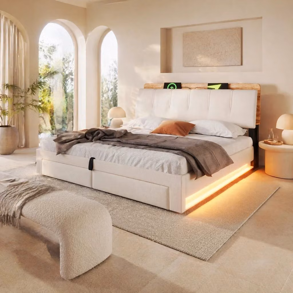 Letto contenitore Mivray con vano idraulico, cassetti laterali, testiera imbottita in lino beige, illuminazione LED e porte USB Type-C, L/P/H: 180 x 200 x 107 cm – 2