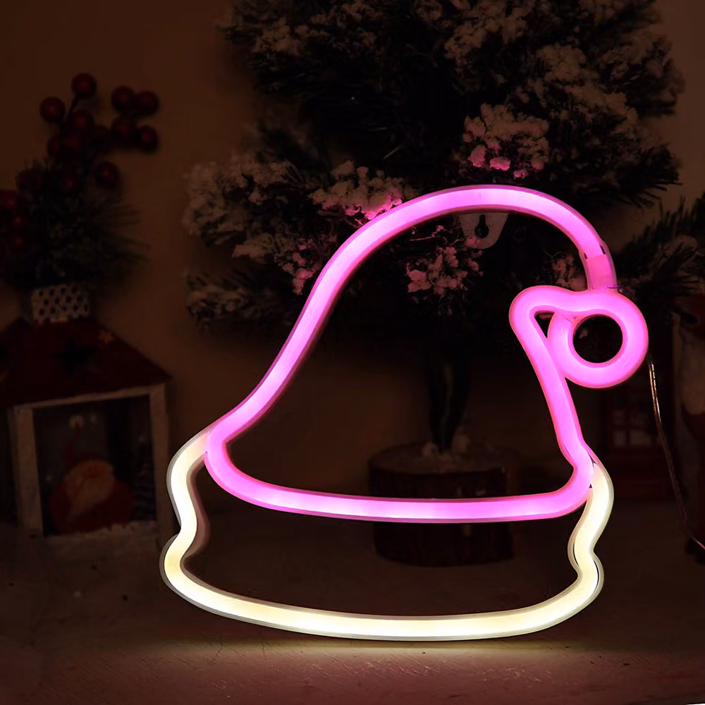Insegna LED al neon Cappello di Natale rosso/bianco 24x22 cm - Decorazioni festive - USB e batteria