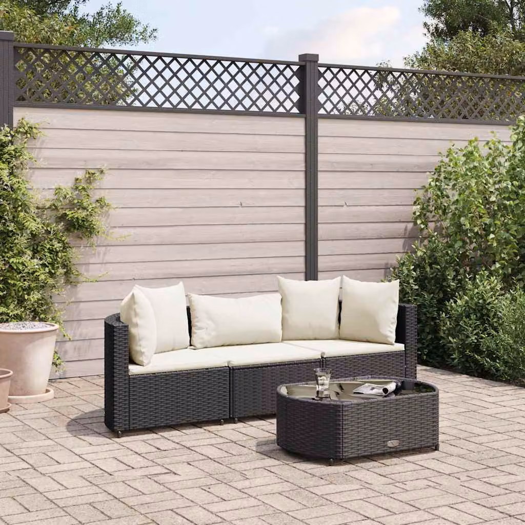 Set da giardino vidaXL composto da 4 pezzi con divano a L, tavolino e cuscini, in rattan e metallo nero con struttura in acciaio verniciato a polvere e tessuto resistente ai raggi UV – 1