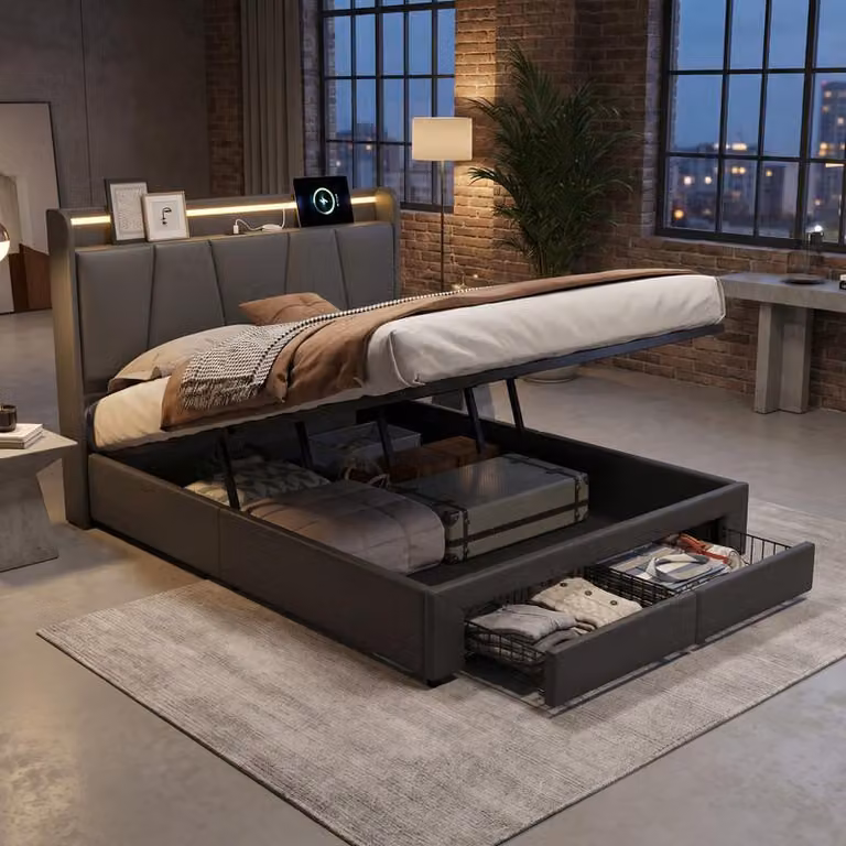 Letto in lino grigio ProximaX 140x200 cm con vano contenitore – Base letto idraulica con 2 cassetti, illuminazione a LED e stazione di ricarica USB, letto imbottito moderno