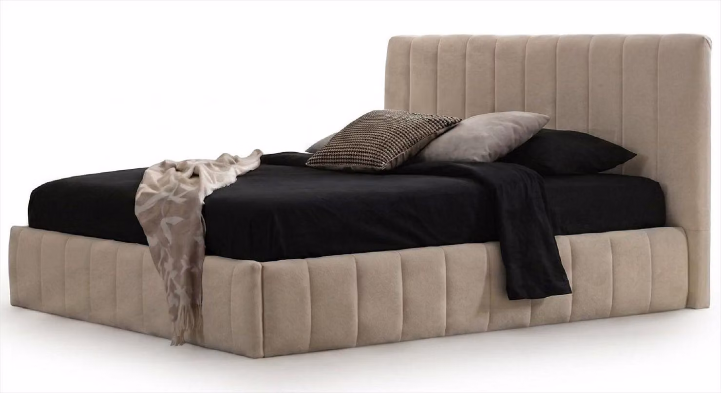 Letto imbottito beige, design moderno, rivestito in tessuto, ideale per la camera da letto, offre comfort e stile