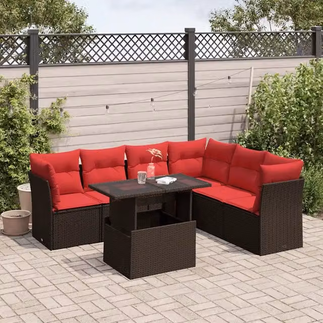 Set da giardino moderno vidaXL composto da 7 pezzi con divano ad angolo a forma di L, tavolino da caffè e cuscini marroni in polyrattan e metallo con rivestimenti rimovibili – 1