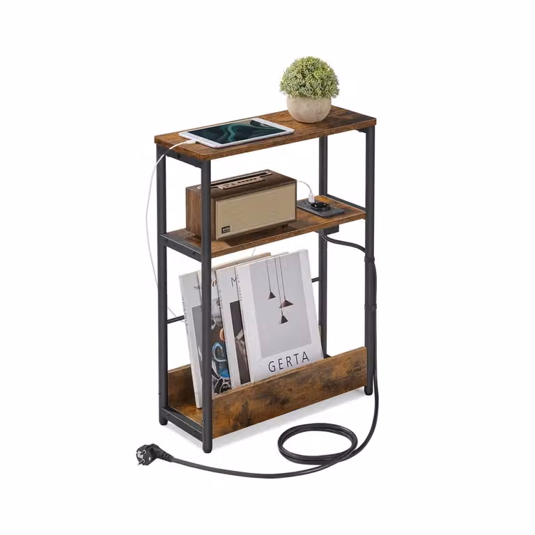 Tavolino con Multipresa, Marrone Vintage + Nero Inchiostro