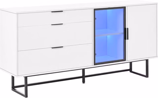 Sideboard bianco moderno con 3 cassetti, ante in vetro con illuminazione LED, struttura in metallo nero 160x36x78 cm