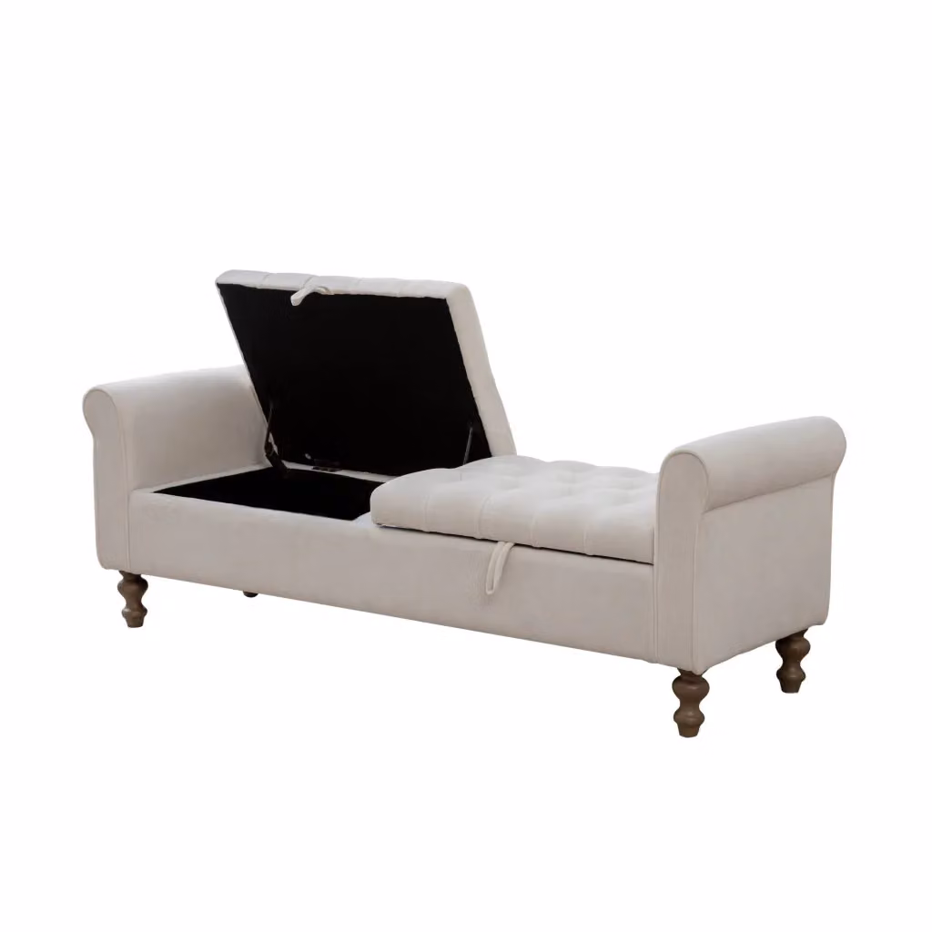 Panca contenitore Minimal beige in velluto con gambe in legno – 2