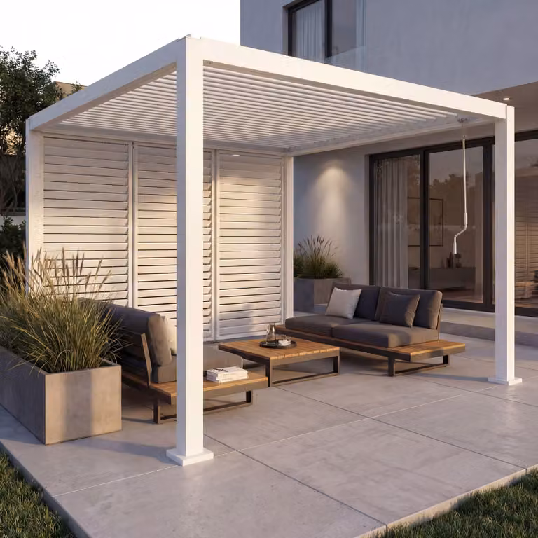Pergola MCW-P65 con 3 pareti a lamelle, copertura per terrazza, gazebo da giardino a lamelle, struttura in alluminio da 10 cm, 3x3 m ~ bianco