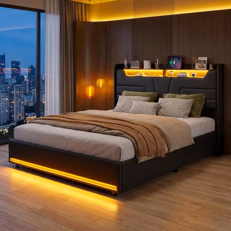 Letto imbottito ProximaX inPoliuretano160x200 cm nero con vano contenitore – Base letto idraulica con illuminazione a LED RGB e stazione di ricarica USB, moderno letto matrimoniale