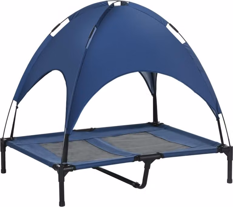 Cuccia per cani con baldacchino, cuccia da esterno, pieghevole, rialzata, blu scuro