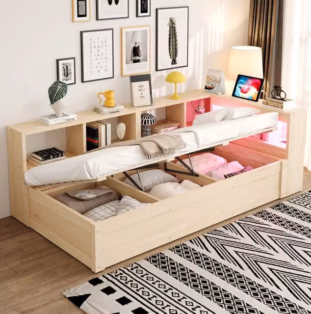 Letto singolo multifunzione 90x200 cm con presa integrata; LED e contenitore idraulico