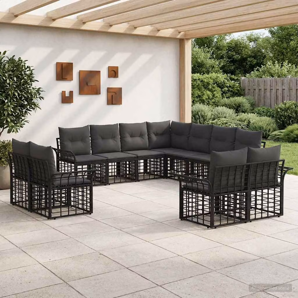 Set di divani da esterno vidaXL a forma di U composto da 11 pezzi in nero e grigio con struttura in metallo e cuscini in poliestere