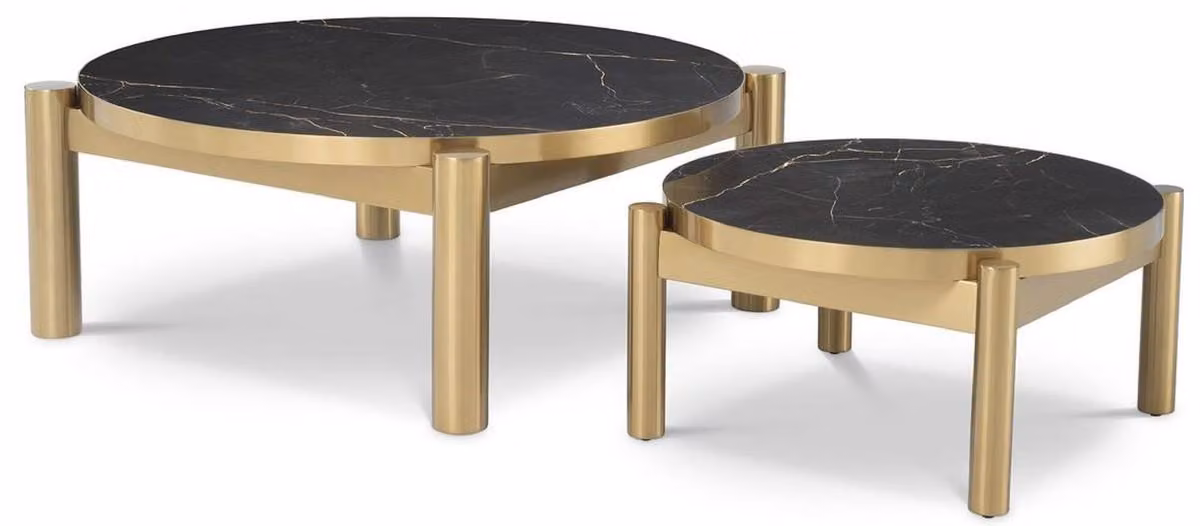Casa Padrino set di tavolini color ottone / nero - Tavoli da salotto in acciaio inox con piano in Vetroceramica - Mobili da salotto