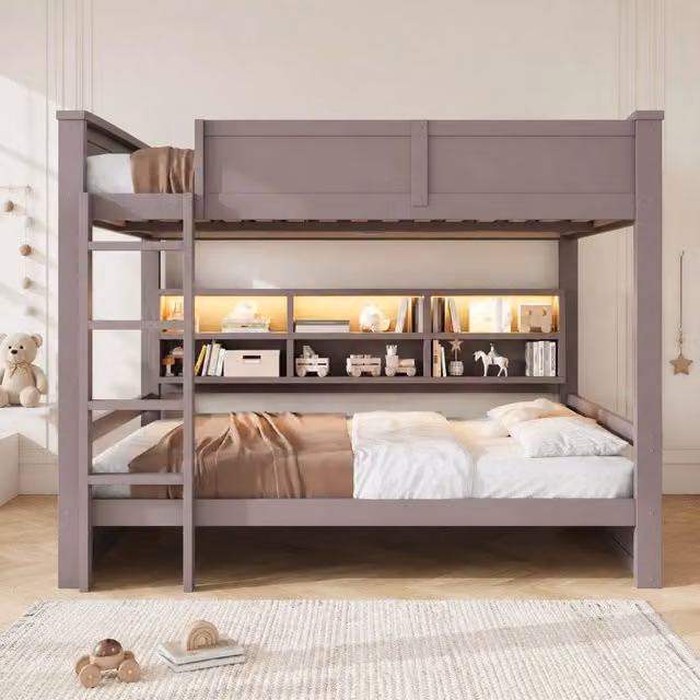 Letto a castello 160x200 cm con 6 vani contenitore e luci LED; marrone