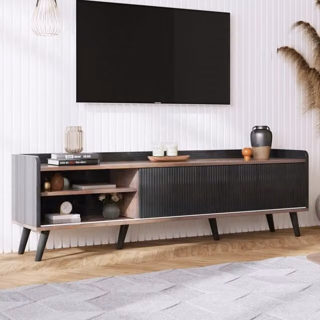 Mobile TV con 2 ante scorrevoli a righe e 2 cassetti in pannello truciolare nero e legno 160 × 40 × 58 cm