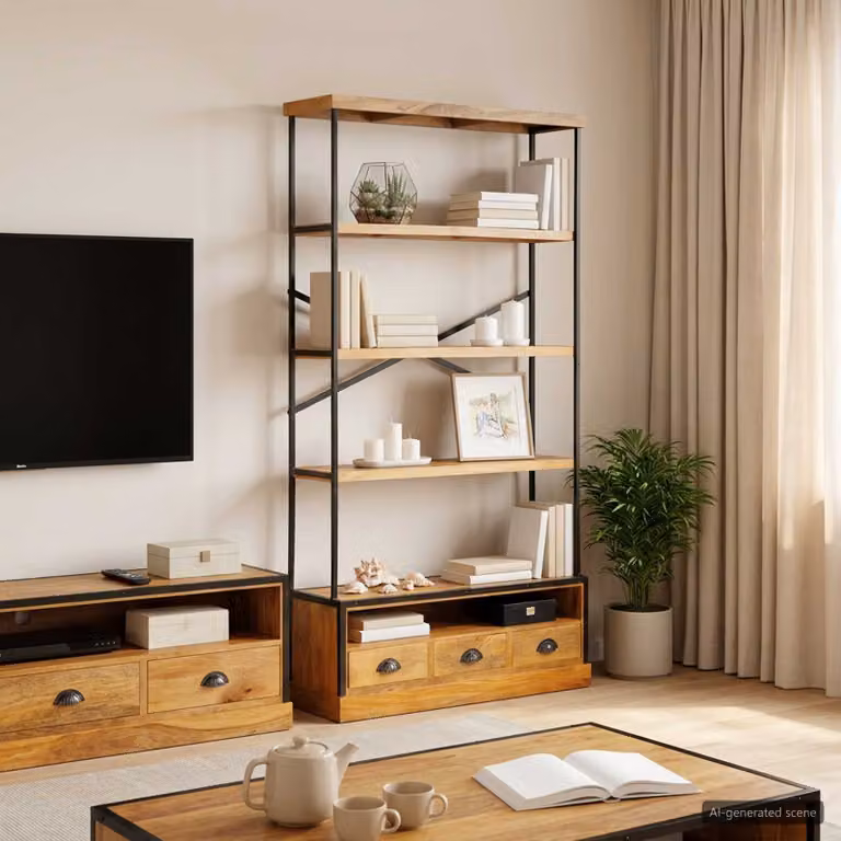 Scaffale moderno vidaXL con 5 ripiani in legno di mango e metallo, colore marrone/beige, L 100 cm x P 30 cm x H 180 cm