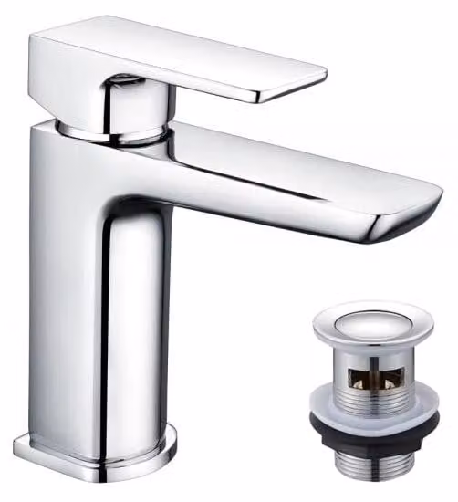 Miscelatore monocomando per lavabo, cromato, in ottone, completo di gruppo di scarico