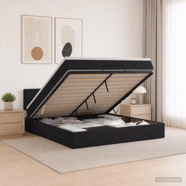 Letto ottomano moderno vidaXL con contenitore a sollevamento e materasso in tessuto nero L: 180 cm, P: 200 cm, H: 88 cm