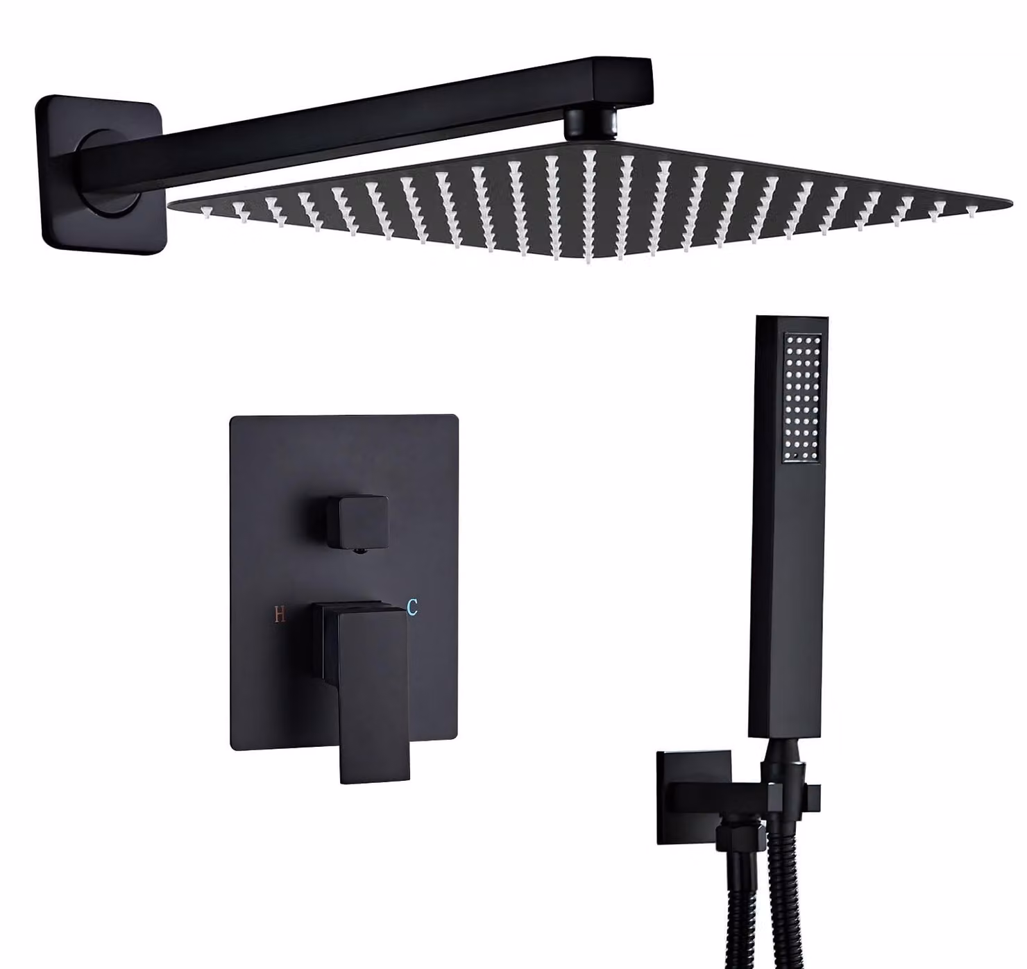 Set doccia da incasso, colore nero opaco, 30 cm, forma rettangolare, montaggio a parete
