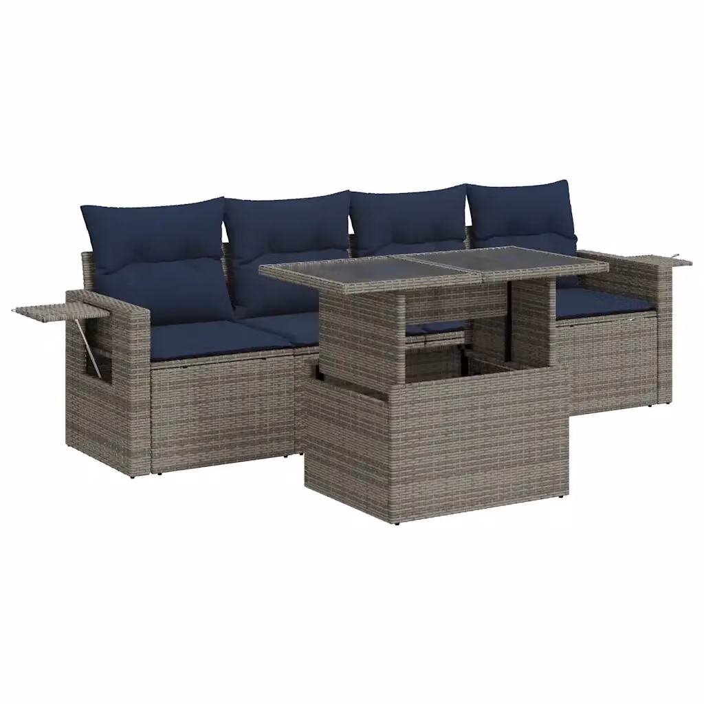 Set da giardino vidaXL in polyrattan composto da 5 pezzi con divano a 3 posti, elementi angolari, tavolino da caffè e cuscini in tessuto blu e grigio – 2