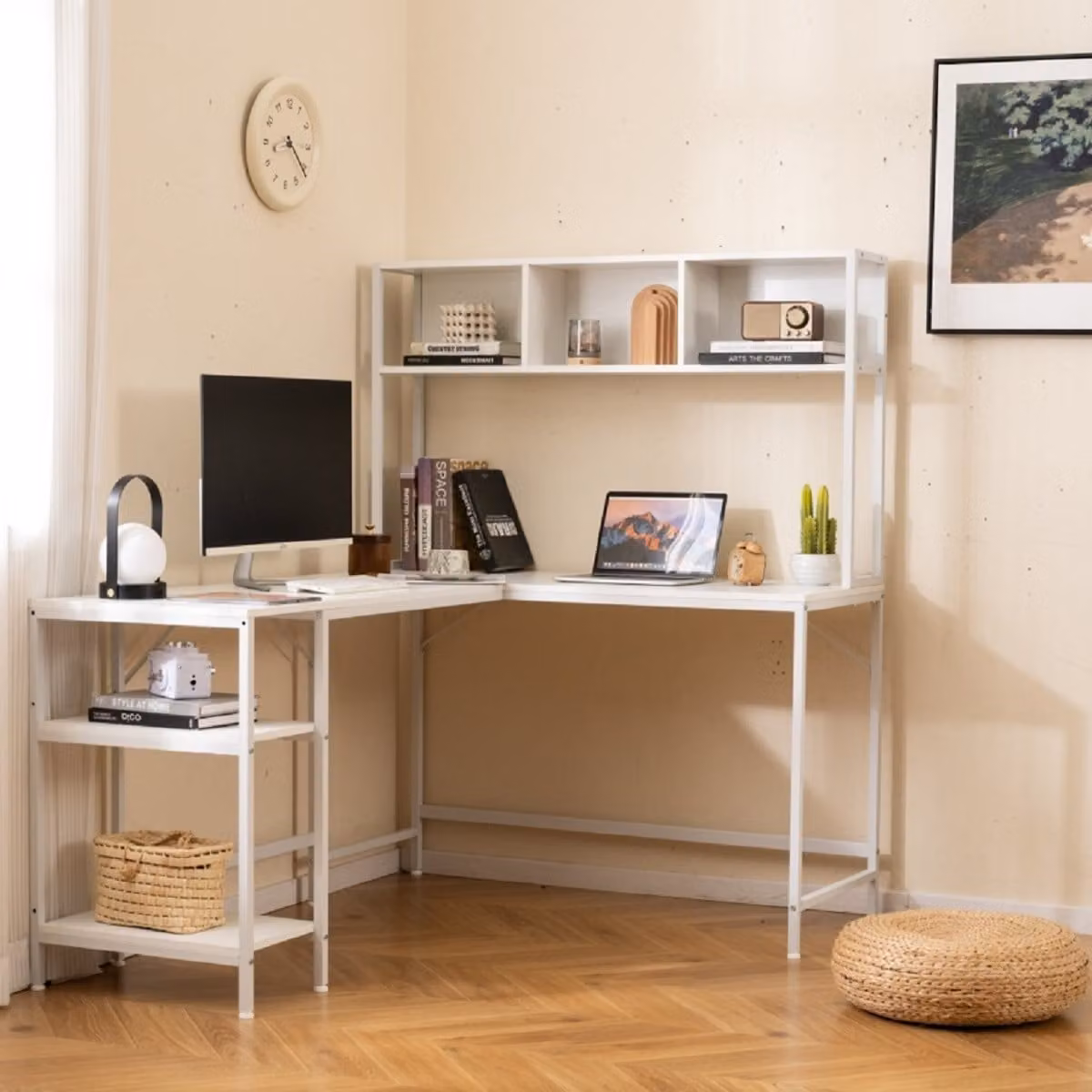 Scrivania angolare moderna Costway con libreria e ripiani per ufficio domestico, Bianco