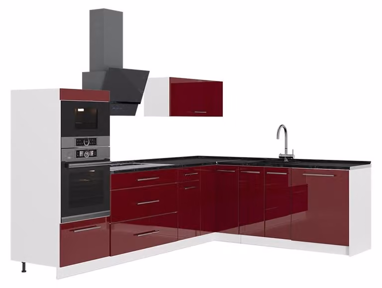 Cucina angolare completa Vicco Fame-Line Bordeaux lucido/Bianco 287 x 207 cm, PL Antracite, Model 63541