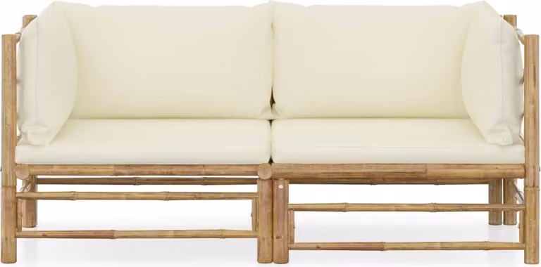 Set Divani da Giardino 2 pz con Cuscini Bianco Crema in Bambù