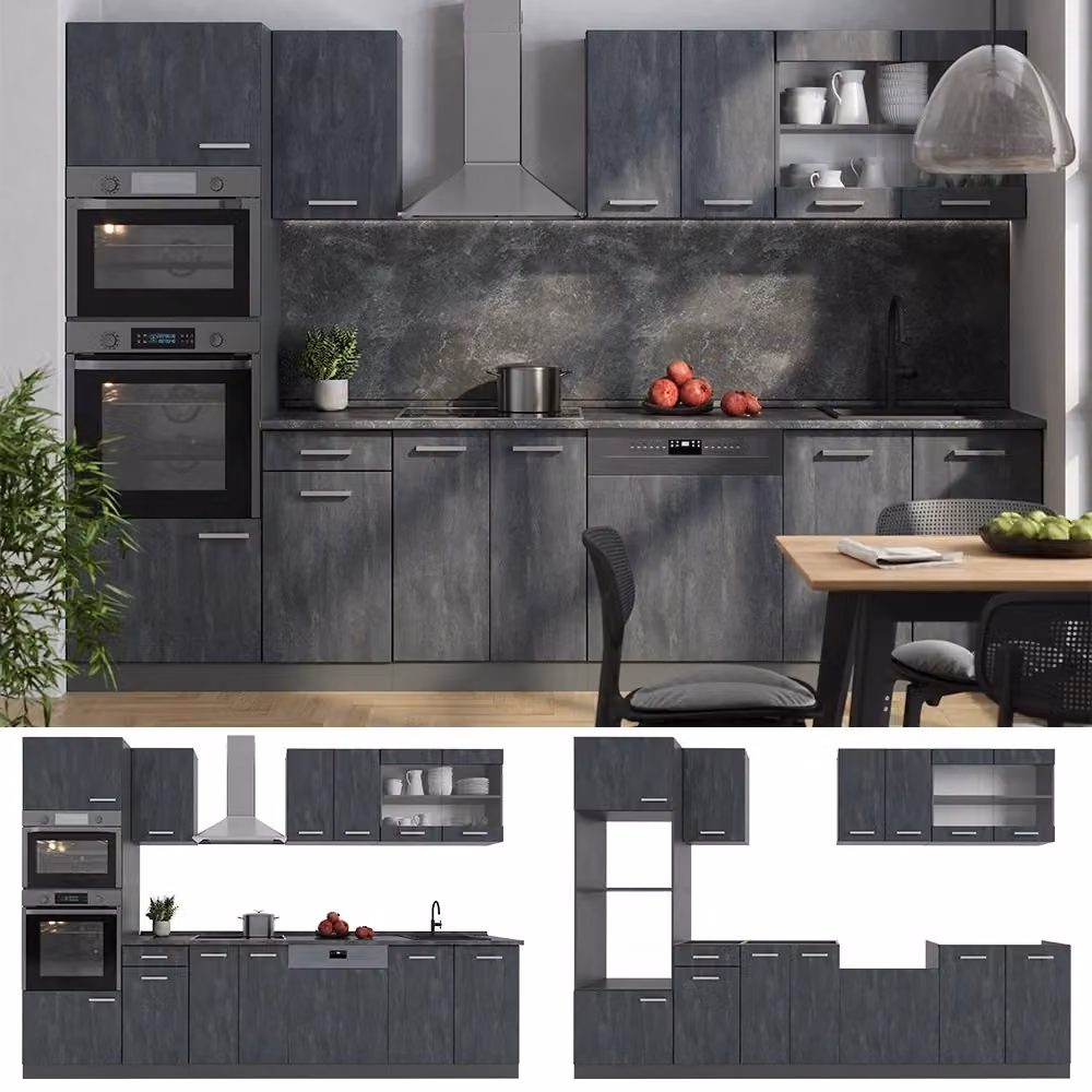 Cucina componibile moderna R-Line Vicco, colore Calce nera e Antracite, L: 300 cm, H: 206,8 cm, P: 60 cm – 2