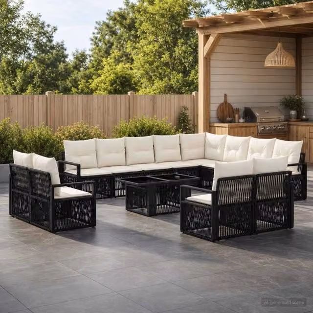 Set Divano da Giardino a L vidaXL in Polyrattan con Cuscini Nero e Bianco Crema