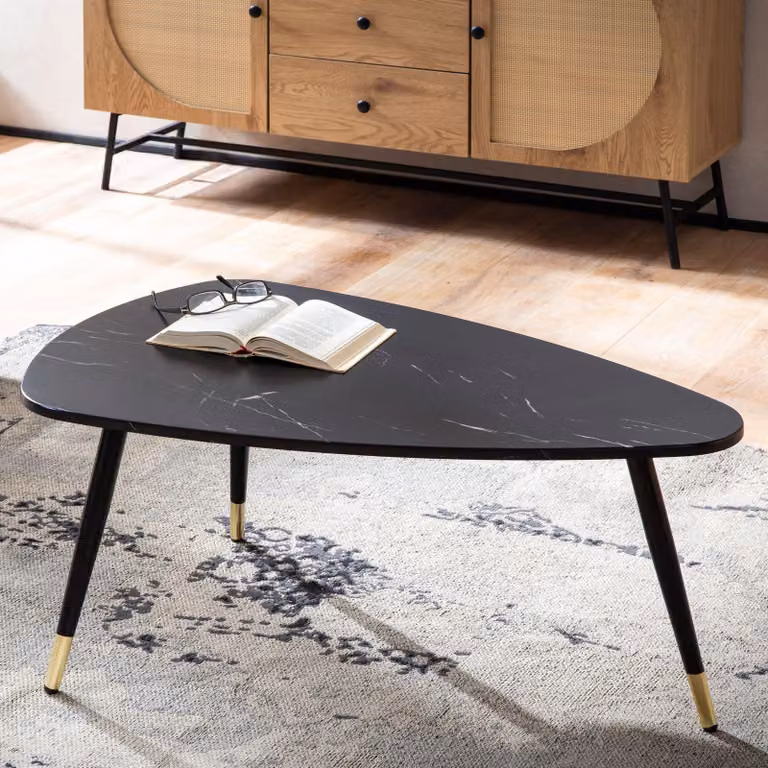 Tavolino FineBuy, 90x60x41 cm, aspetto marmo nero, struttura in metallo a tre gambe, ideale per il soggiorno. Tavolino triangolare, perfetto come tavolino da divano