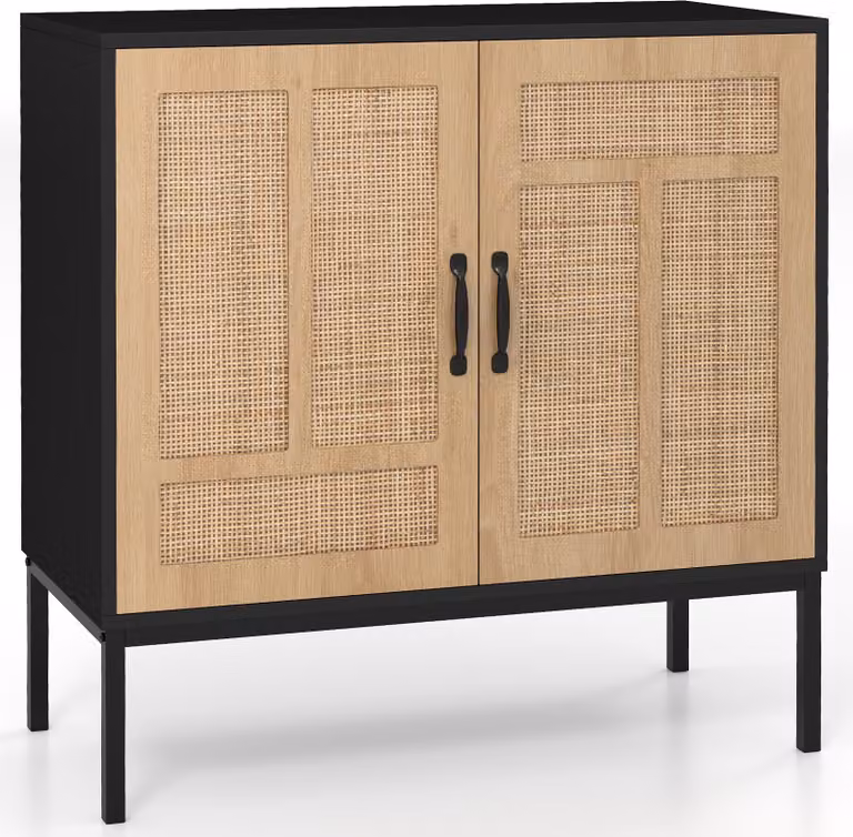 Credenza in rattan COSTWAY, mobile buffet boho, mobile buffet con 3 ripiani regolabili e 2 ante, nero