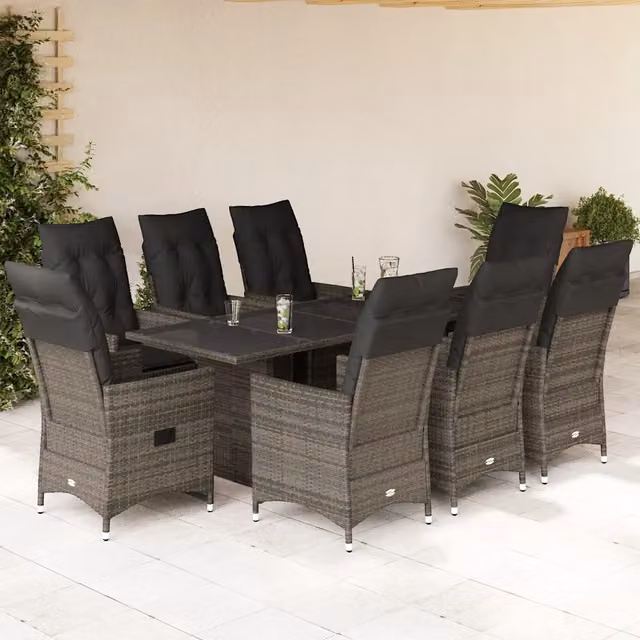 Set da Pranzo da Giardino vidaXL in Polyrattan con Cuscini e Tavolo in Vetro, 9 Pezzi, Grigio e Marrone – 1