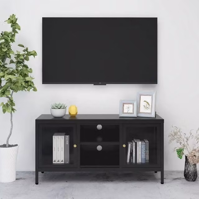 Mobile TV-Credenza Design In in Acciaio e Vetro Nero L: 105 cm, P: 35 cm, H: 52 cm