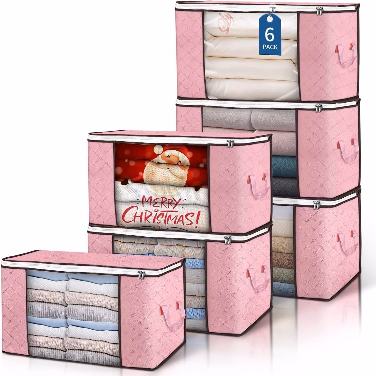 Sacchetti di stoccaggio da 90 litri, pieghevoli, impermeabili alla polvere e con coperchio, confezione da 6 pezzi, colore rosa