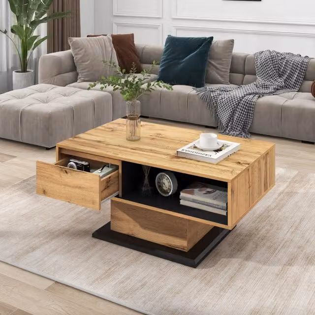 Tavolino basso con cassetto e vano aperto doppio su due lati in truciolare per soggiorno 100 × 60 × 47 cm