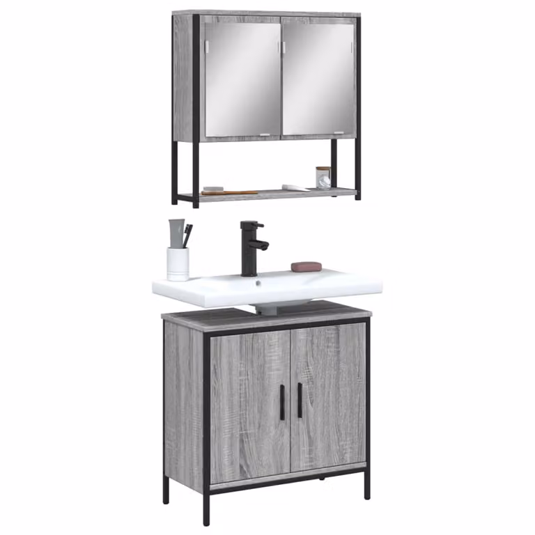 Set di mobili da bagno vidaXL composto da mobile lavabo e pensile con specchio, colore grigio, design moderno a parete