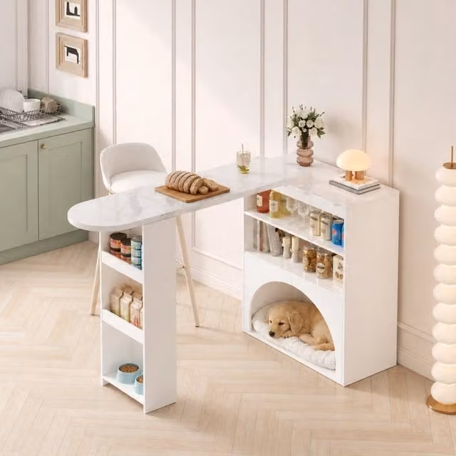 Tavolo da pranzo e bancone moderno estensibile, girevole, con area per animali domestici (senza ciotole né cuscini), bianco con piano effetto marmo, 120(+80)x40x100 cm