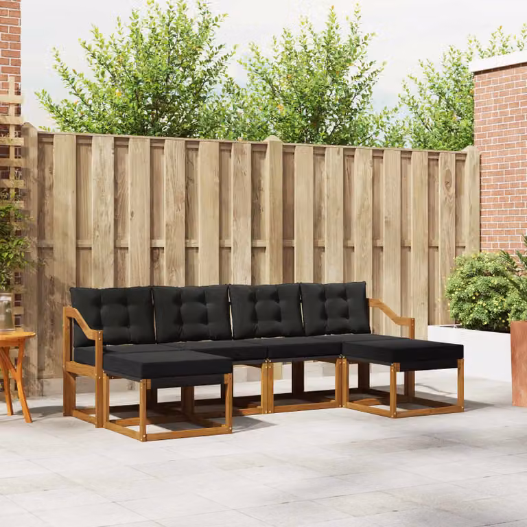 Set di divani da esterno vidaXL a forma di L composto da 6 pezzi in legno di acacia e textilene, colore marrone e nero, con cuscini inclusi