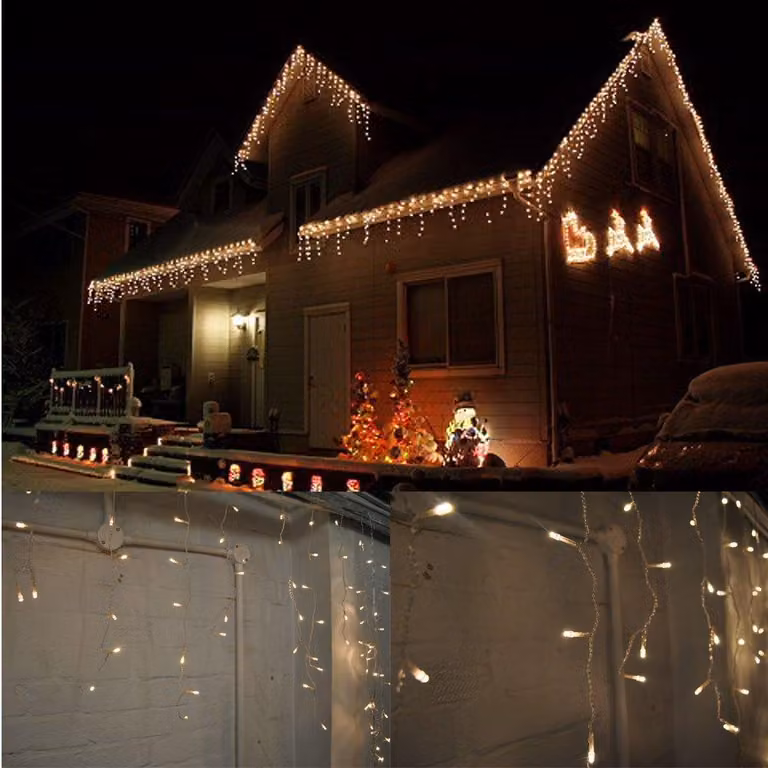 Catena luminosa a LED a forma di ghiacciolo, 400 LED, 10 metri, luce bianco caldo, impermeabile, 8 modalità