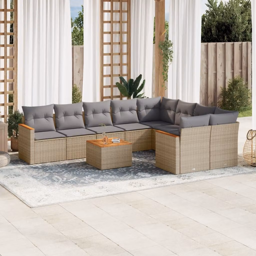 Set Divano da Giardino vidaXL 10 pz in Polyrattan con Cuscini Beige e Tavolino da Caffè – 1