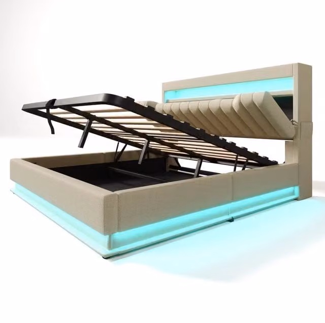 Letto imbottito beige 160x200 cm con contenitore idraulico, testiera con porte USB e Type-C, illuminazione LED integrata