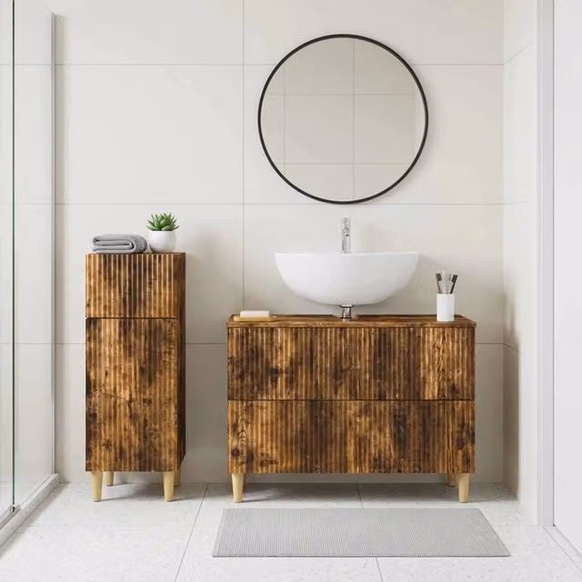 Set di mobili da bagno moderno vidaXL composto da mobile lavabo e mobile contenitore in legno Rovere Fumo marrone con ante a battente e ripiani interni