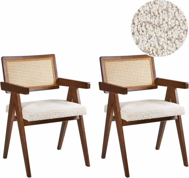 Set di 2 sedie da pranzo marrone e beige chiaro con struttura in legno di caucciù e sedile in bouclè Cucina da pranzo retrò