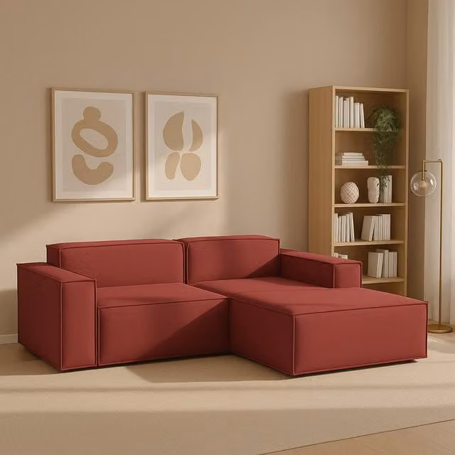 Divano componibile Amuleto Talamo Italia con penisola destra, modello moderno in tessuto rosso con funzione letto e coperture rimovibili, L: 220 cm, P: 170 cm, H: 70 cm