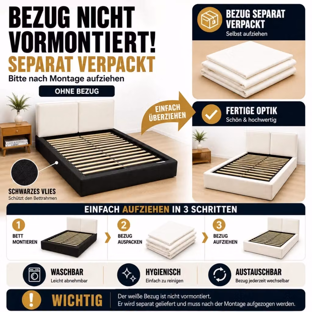 Letto Contenitore Idraulico REDOM in Tessuto Bouclé Beige con Rete a Doghe L: 180 cm, P: 200 cm, H: 105 cm, 196 cm, 231 cm – 2
